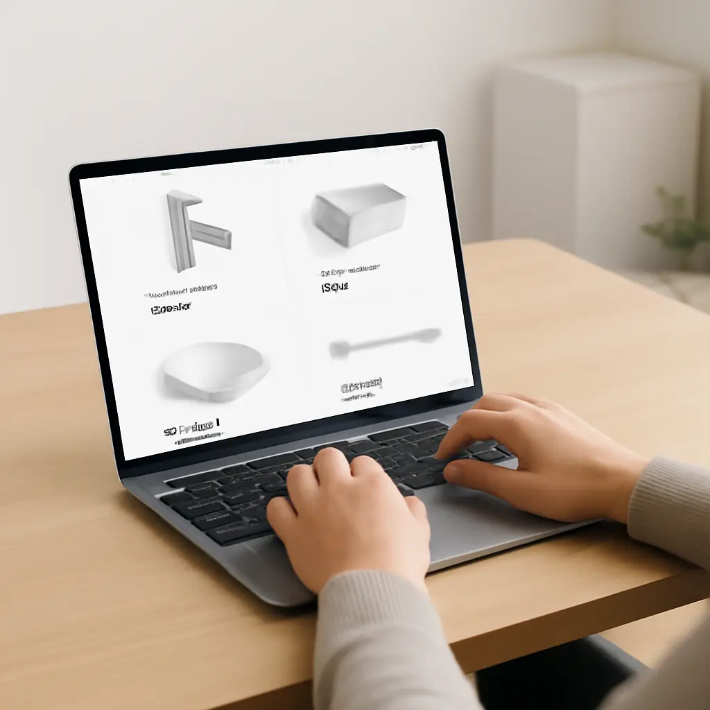 Пользователь оформляет заказ сантехники онлайн на ноутбуке