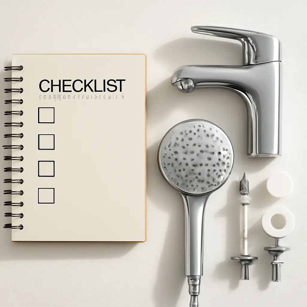 Чек-лист покупки сантехники Блокнот с чек-листом и сантехнические изделия на фоне современной ванной комнаты