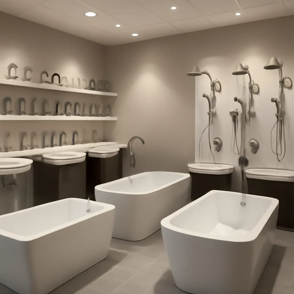 Демонстрация сантехники в шоуруме Выставочный зал сантехники с раковинами и смесителями на стендах