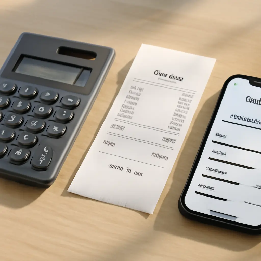 Экономия и платежи Калькулятор, чек и смартфон для оплаты, символизирующие расчёты и платежи