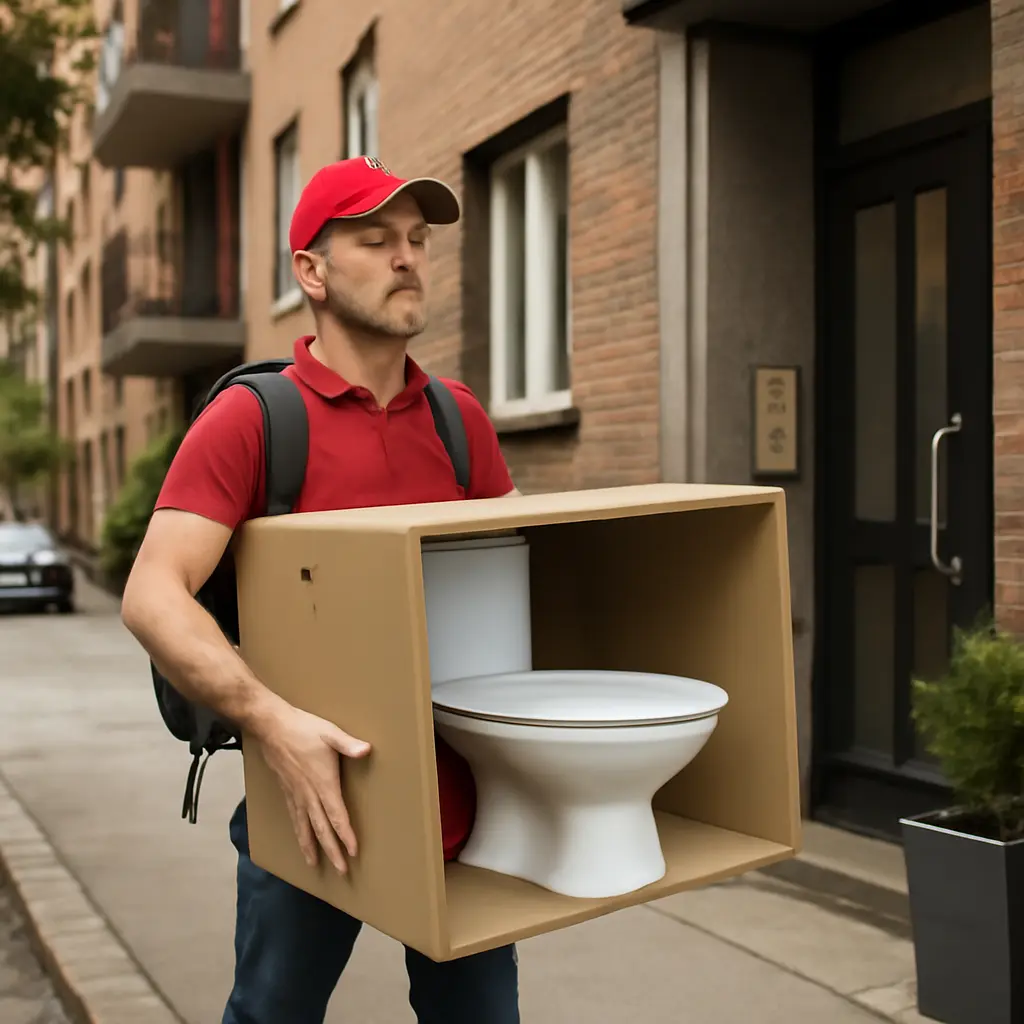 Логистика и доставка сантехники Курьер доставляет упакованную сантехнику к двери дома