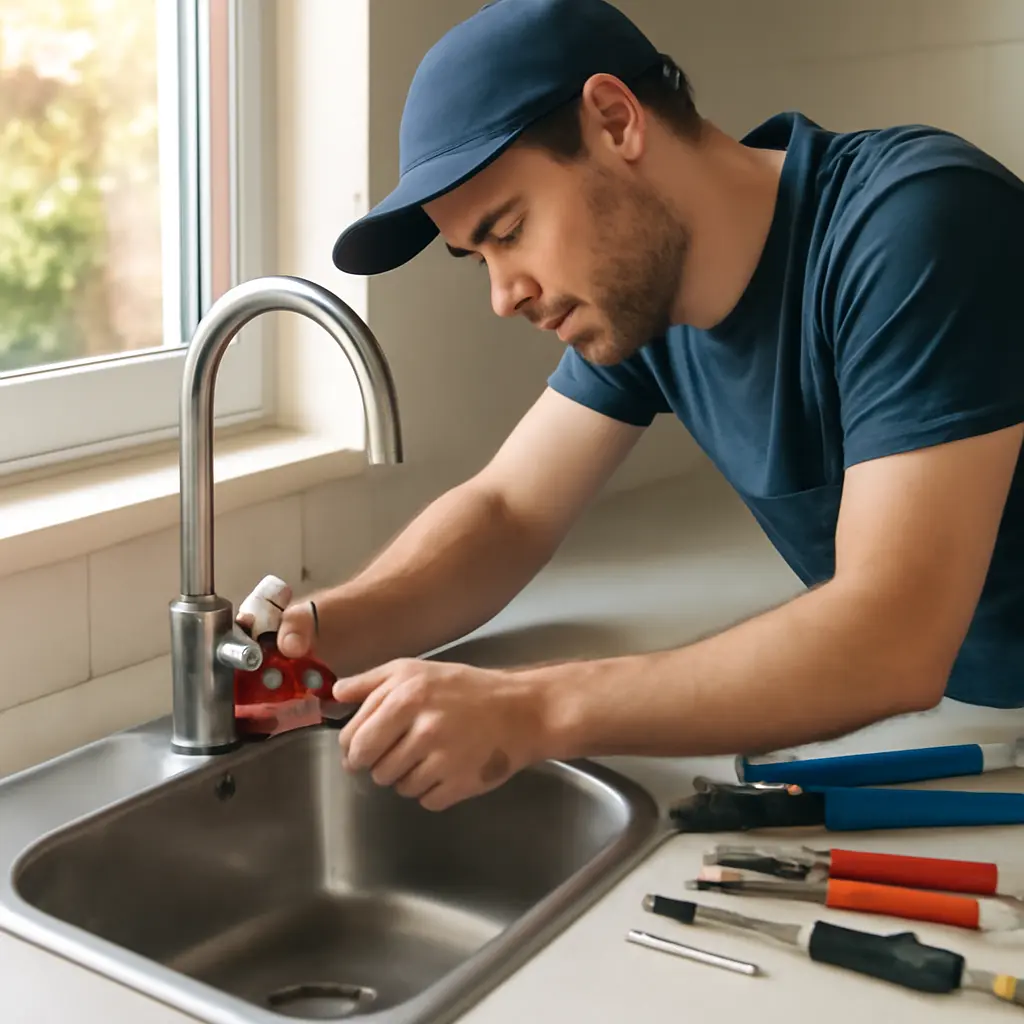 Монтаж водопровода Мастер устанавливает смеситель на кухонную мойку, инструменты рядом