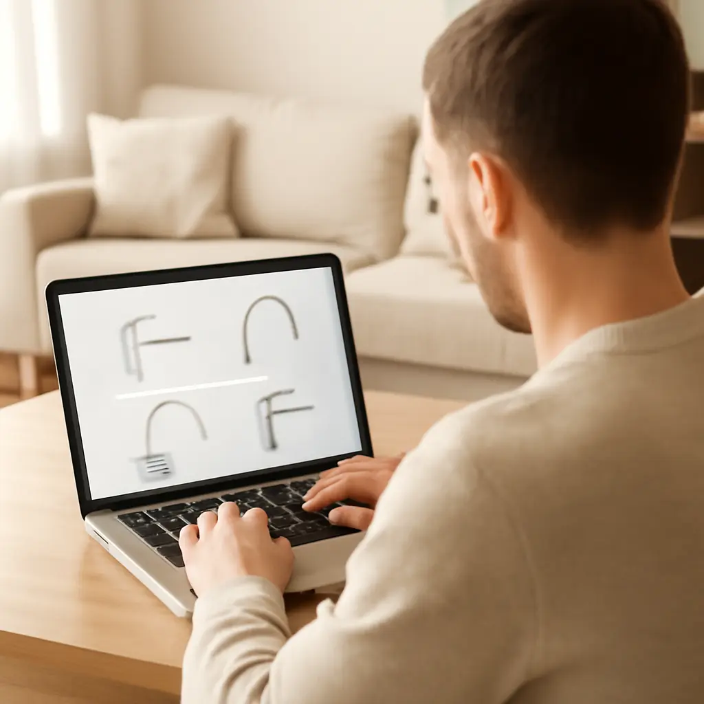 Онлайн-покупка сантехники Пользователь выбирает смеситель в интернет-магазине