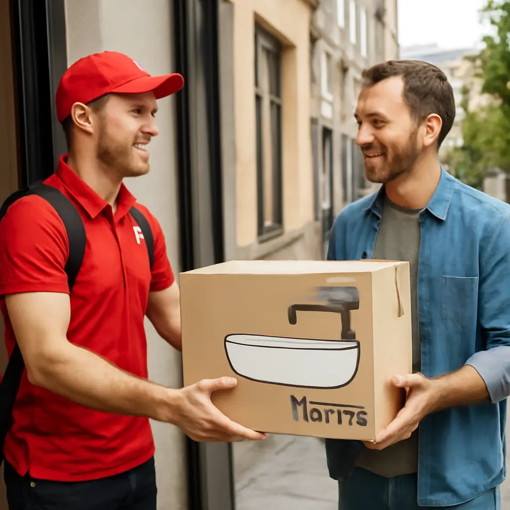 Оплата и доставка Курьер доставляет коробки с сантехникой, платёж подтверждён