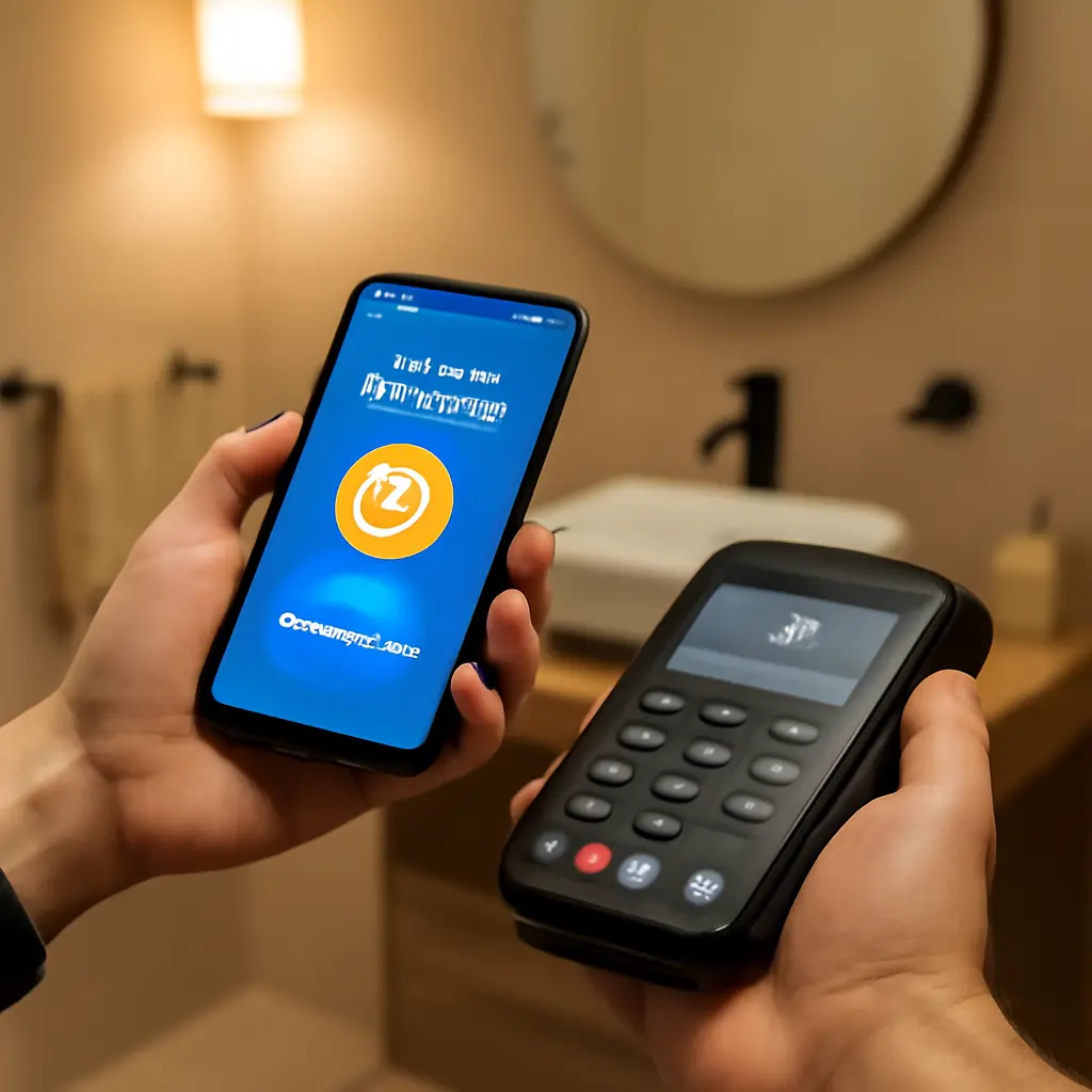 Покупатель платит криптовалютой Покупатель оплачивает покупку сантехники криптовалютой через мобильное приложение