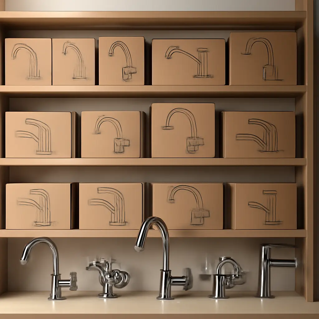 Покупка сантехники онлайн Коробки с сантехникой и покупатель перед экраном