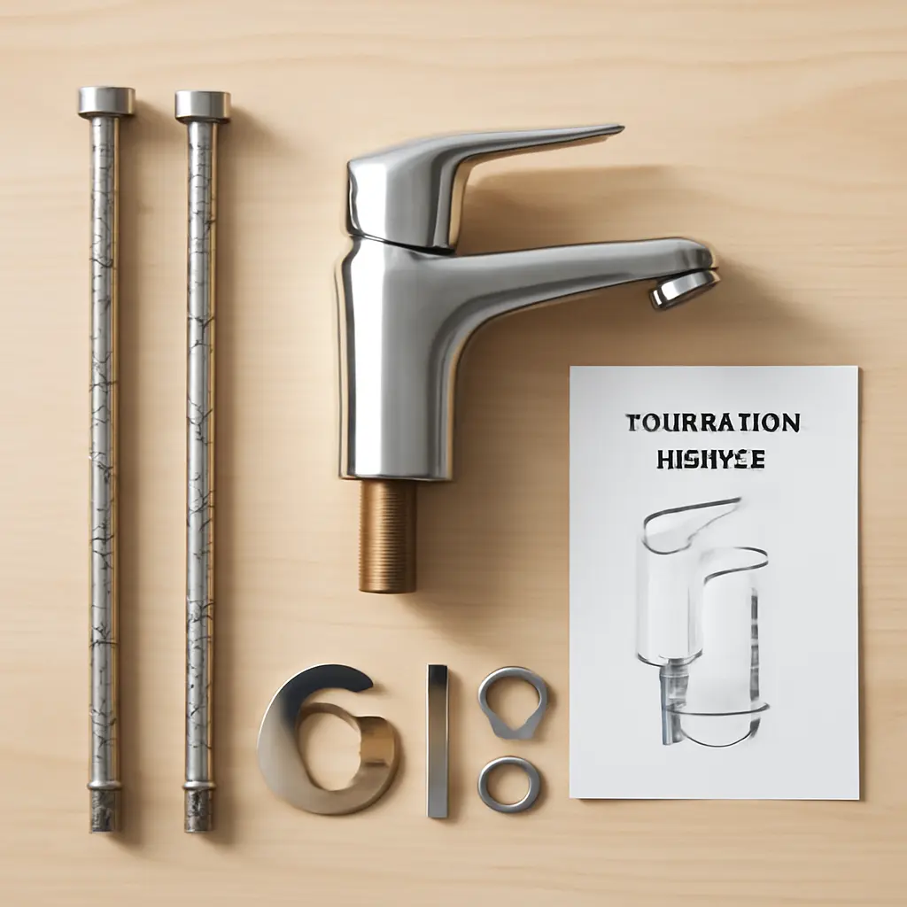 Проверка комплектации сантехники Распакованный хромированный смеситель с комплектующими деталями и инструкцией на столе