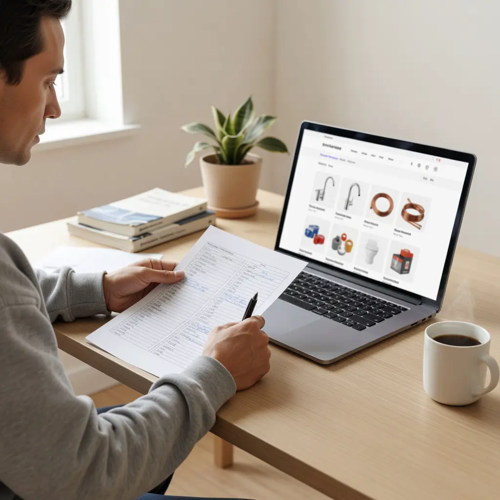 Человек с чеклистом проверяет сайт интернет-магазина сантехники на признаки надёжности