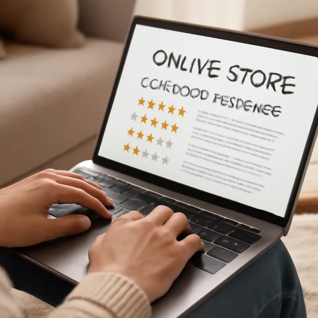 Проверка продавца Пользователь проверяет магазин на экране ноутбука