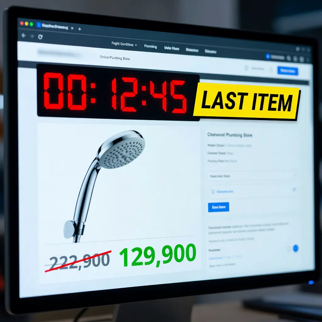 Экран интернет-магазина сантехники с таймером обратного отсчёта, значком последнего товара и зачёркнутой ценой