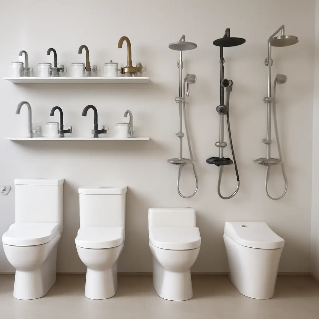 Сантехника на витрине Разные модели смесителей и душевых на витрине магазина