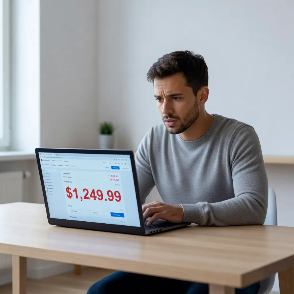 Покупатель смотрит на компьютер, где цена в корзине значительно выше заявленной на странице товара