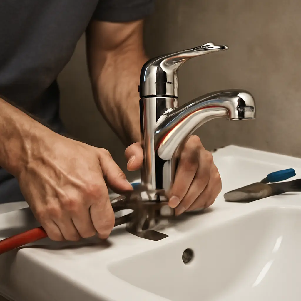 Установка смесителя Мастер устанавливает смеситель на раковину, инструменты рядом